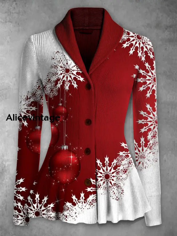 Christmas Snowflakes Printed Elegant Lapel V-Neck Button Up Thick Knit Long-Sleeved Cardigan