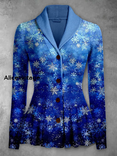 Christmas Snowflakes Printed Elegant Lapel V-Neck Button Up Thick Knit Long-Sleeved Cardigan