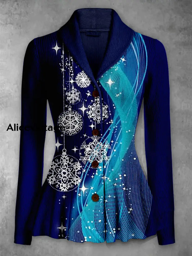 Christmas Snowflakes Printed Elegant Lapel V-Neck Button Up Thick Knit Long-Sleeved Cardigan