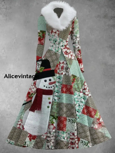 Christmas Snowman Art Print Retro Elegant Long Sleeve Fake Two-Piece Maxi Dress A / S