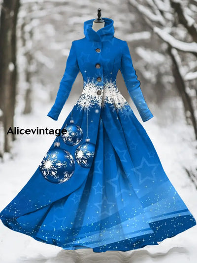 Christmas Star Art Print Stand Collar Vintage Elegant Long Sleeve Fake Two Piece Maxi Dress A / S