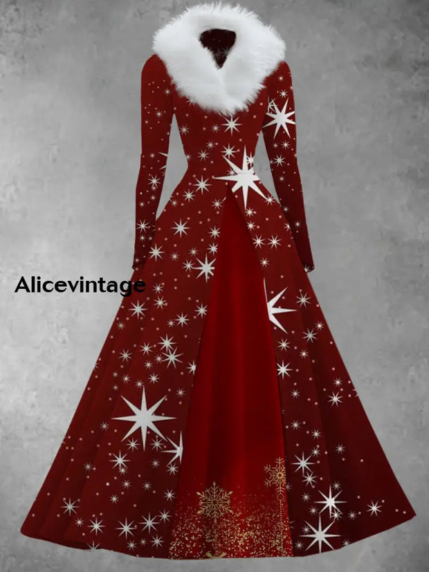 Christmas Star Art Print Vintage Elegant V-Neck Fur Collar Long Sleeve Midi Dress A / S