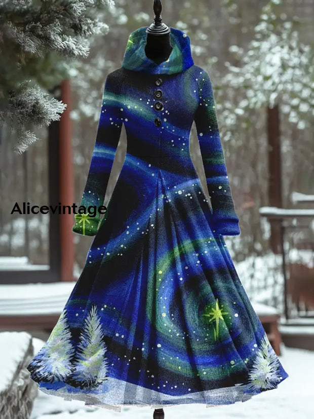 Christmas Tree And Starry Sky Art Print Vintage Elegant Long Sleeve Maxi Dress Fake Two Piece A / S