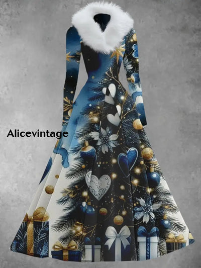 Christmas Tree Art Print Retro Elegant Long Sleeve Fake Two-Piece Midi Dress A / S