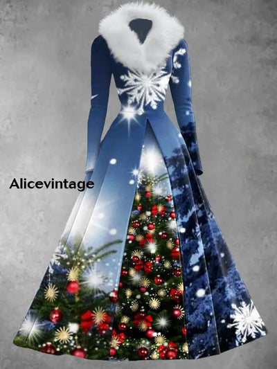 Christmas Tree Art Print Retro Elegant Long Sleeve Fake Two-Piece Midi Dress A / S