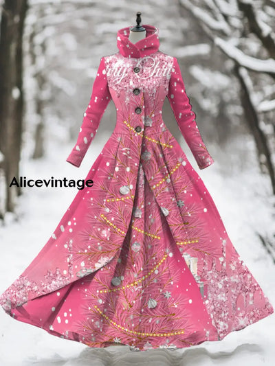 Christmas Tree Art Print Stand Collar Vintage Elegant Long Sleeve Fake Two Piece Maxi Dress A / S