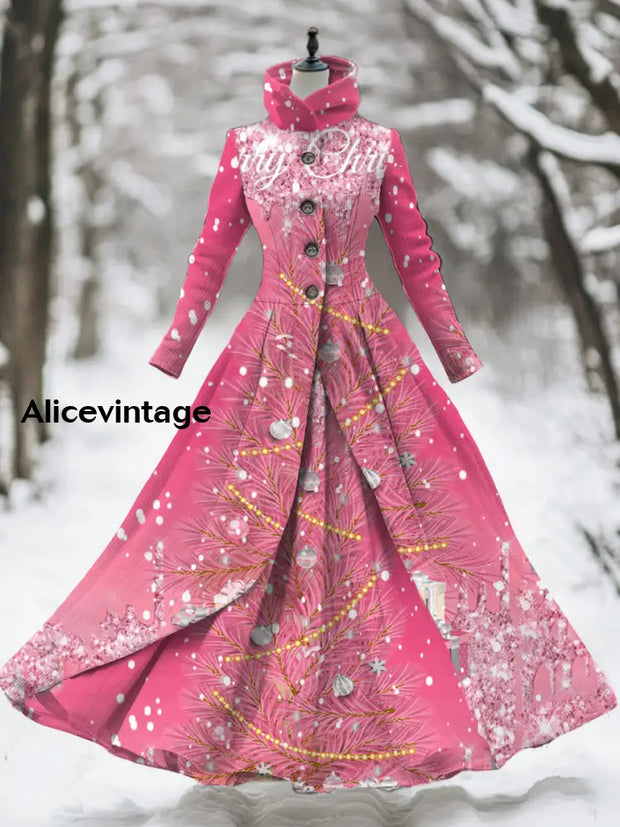 Christmas Tree Art Print Stand Collar Vintage Elegant Long Sleeve Fake Two Piece Maxi Dress A / S