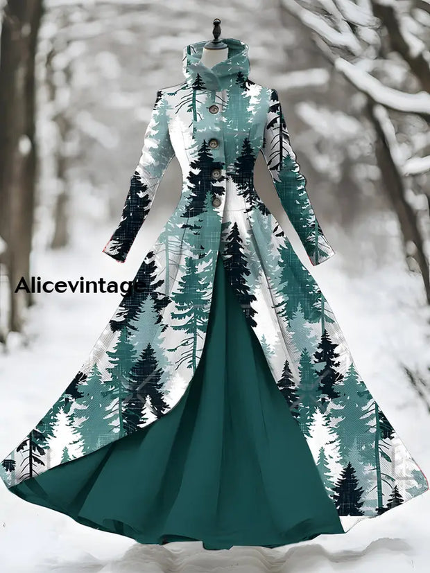 Christmas Tree Art Print Stand Collar Vintage Long Sleeve Fake Two Piece Maxi Dress A / S