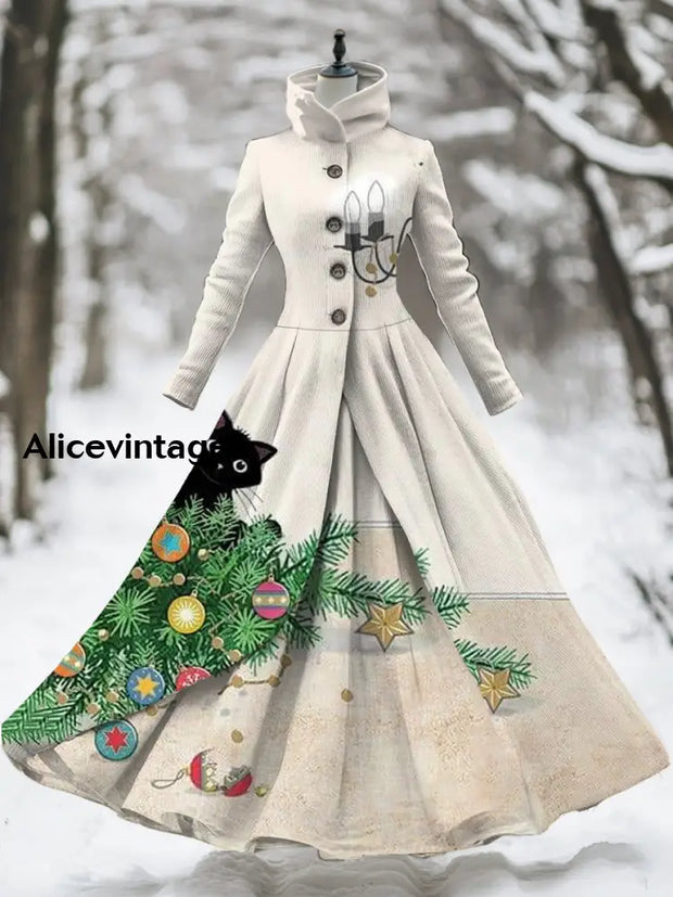 Women’s Retro Christmas Art Print Stand-Up Collar Long Sleeve 50S Elegant Slim Midi Holiday