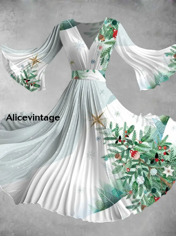 Christmas Tree Art Print V-Neck Long Sleeve Midi Dress A / S