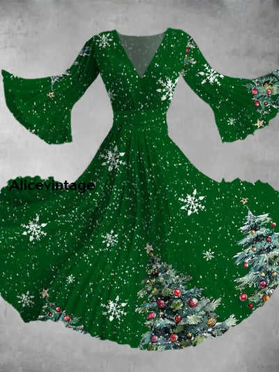 Christmas Tree Art Print V-Neck Long Sleeve Midi Dress A / S