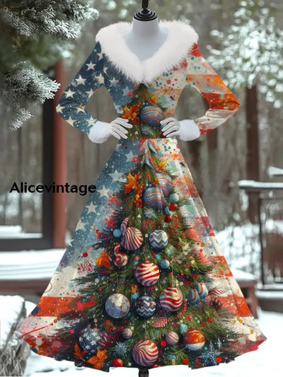 Christmas Tree Art Print Vintage Elegant Fur Collar Long Sleeve Fake Two Piece Maxi Dress A / S