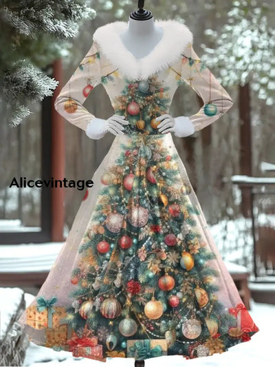 Christmas Tree Art Print Vintage Elegant Fur Collar Long Sleeve Fake Two Piece Maxi Dress A / S