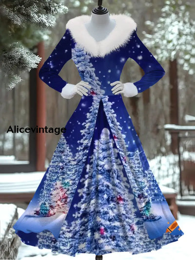 Christmas Tree Art Print Vintage Elegant Fur Collar Long Sleeve Fake Two Piece Maxi Dress A / S