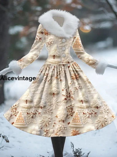 Christmas Tree Art Print Vintage Elegant Fur Collar Long Sleeve Midi Dress A / S