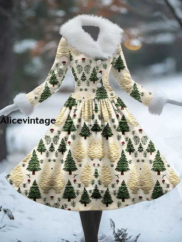 Christmas Tree Art Print Vintage Elegant Fur Collar Long Sleeve Midi Dress A / S