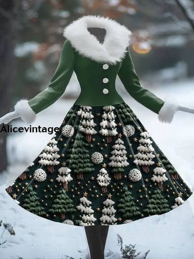 Christmas Tree Art Print Vintage Elegant Fur Collar Long Sleeve Midi Dress A / S