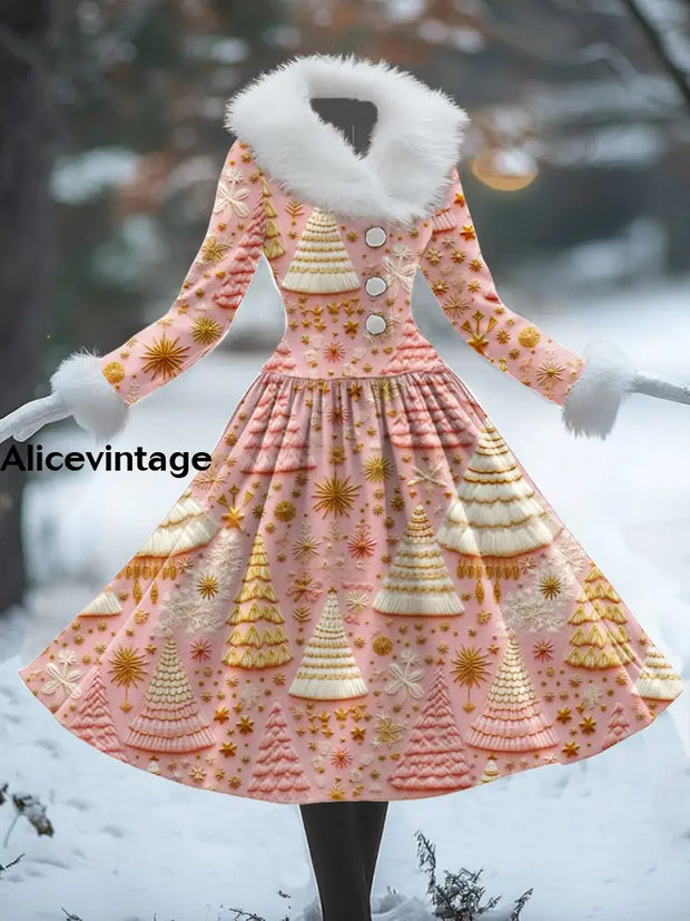 Christmas Tree Art Print Vintage Elegant Fur Collar Long Sleeve Midi Dress A / S