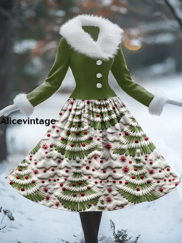 Christmas Tree Art Print Vintage Elegant Fur Collar Long Sleeve Midi Dress A / S