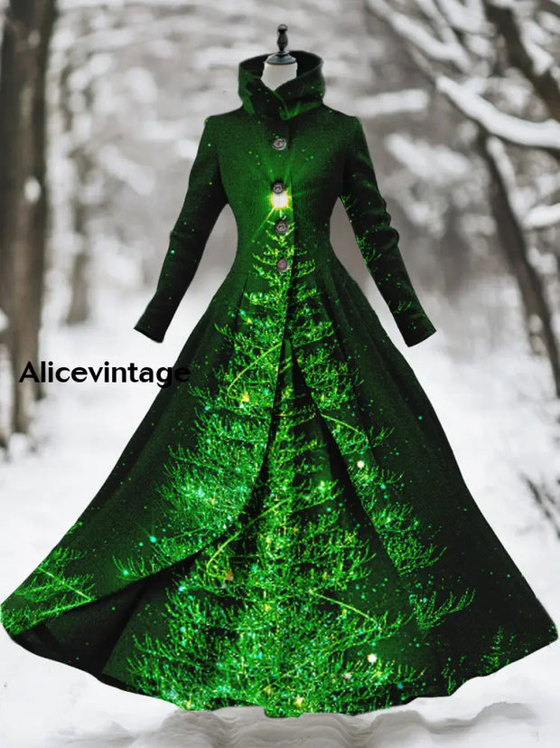 Christmas Tree Art Print Vintage Elegant Long Sleeve Fake Two Piece Maxi Dress A / S