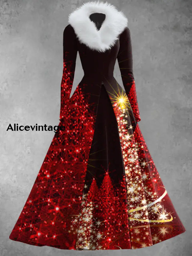 Christmas Tree Art Print Vintage Elegant Long Sleeve Fake Two-Piece Maxi Dress A / S