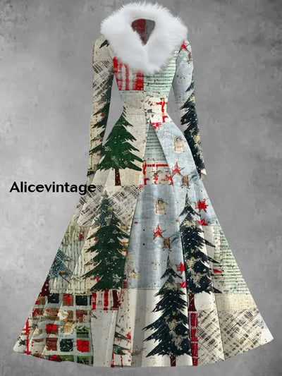 Christmas Tree Art Print Vintage Elegant Long Sleeve Fake Two-Piece Maxi Dress A / S