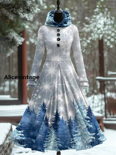 Christmas Tree Art Print Vintage Elegant Long Sleeve Fake Two Piece Maxi Dress A / S