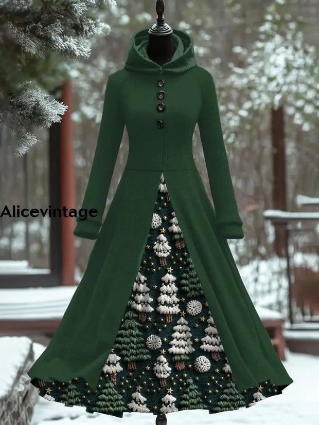 Christmas Tree Art Print Vintage Elegant Long Sleeve Maxi Dress Fake Two Piece A / S