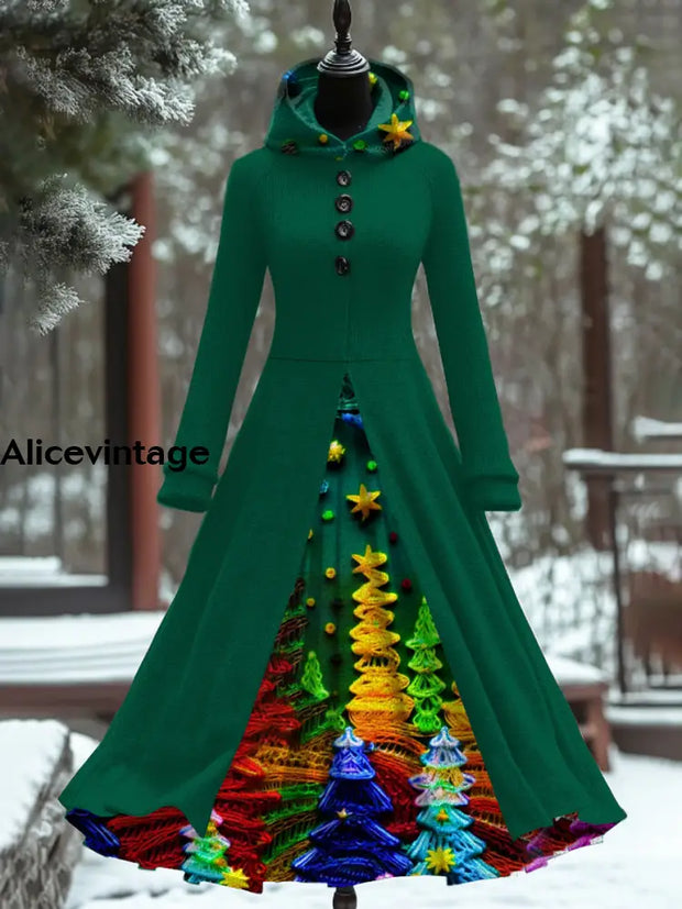 Christmas Tree Art Print Vintage Elegant Long Sleeve Maxi Dress Fake Two Piece A / S