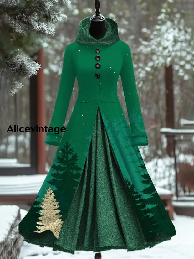 Christmas Tree Art Print Vintage Elegant Long Sleeve Maxi Dress Fake Two Piece Hooded A / S