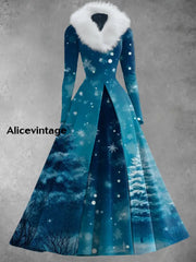 Christmas Tree Art Print Vintage Elegant V-Neck Fur Collar Long Sleeve Midi Dress