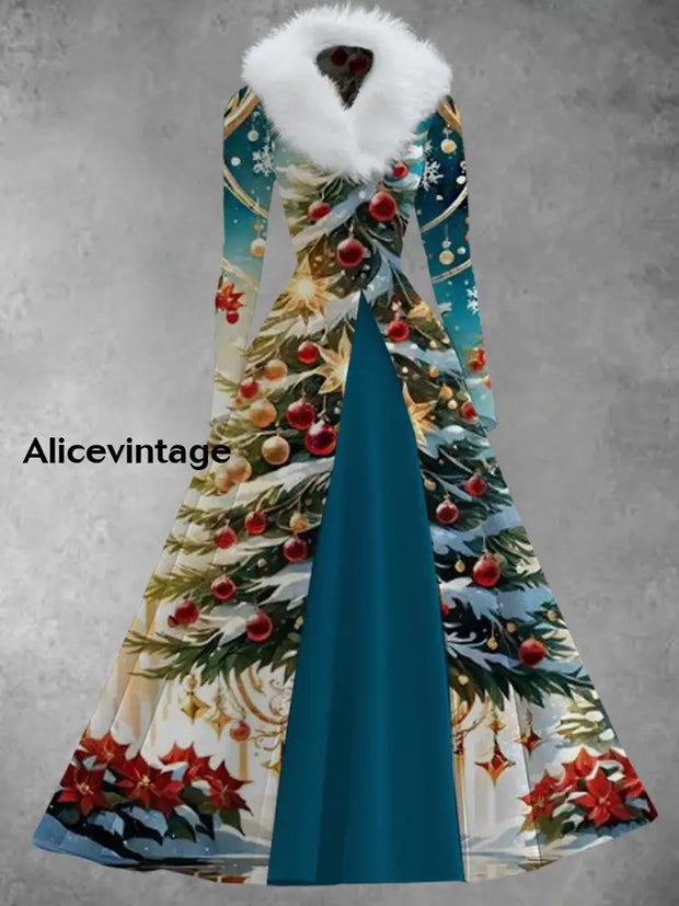 Christmas Tree Art Print Vintage Elegant V-Neck Fur Collar Long Sleeve Midi Dress A / S