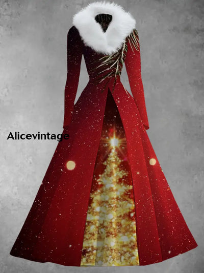 Christmas Tree Art Print Vintage Elegant V-Neck Fur Collar Long Sleeve Midi Dress A / S