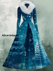 Christmas Tree Art Print Vintage Elegant V-Neck Fur Collar Long Sleeve Midi Dress A / S