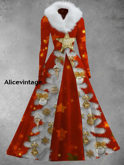 Christmas Tree Art Print Vintage Elegant V-Neck Fur Collar Long Sleeve Midi Dress A / S