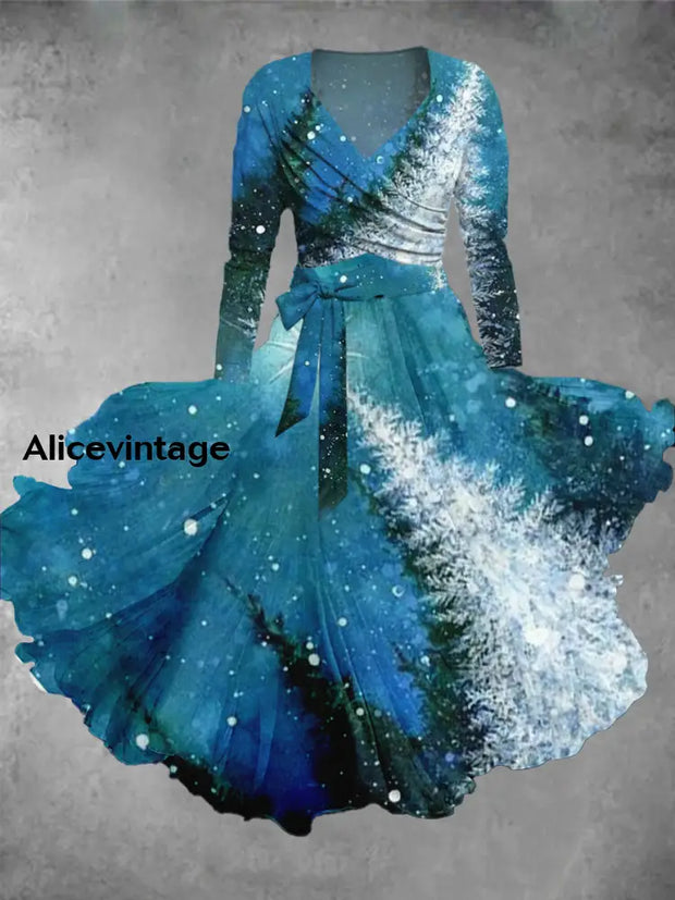 Christmas Tree Art Print Vintage Elegant V-Neck Long Sleeve Two Piece Midi Dress A / S