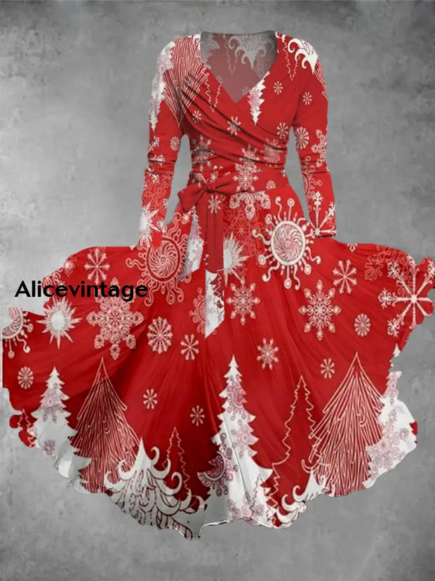 Christmas Tree Art Print Vintage Elegant V-Neck Long Sleeve Two Piece Midi Dress A / S