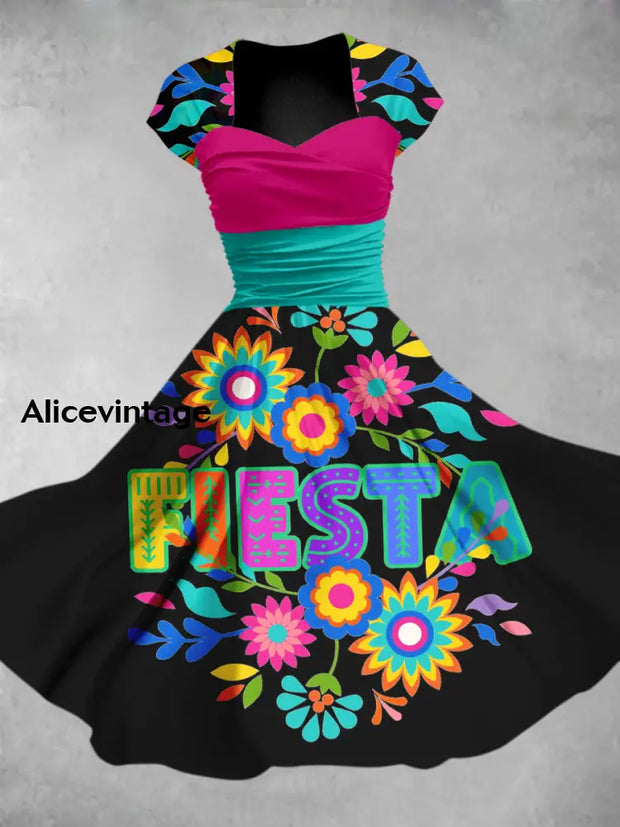 Cinco de Mayo Mexican Fiesta Floral Art Print Short Sleeve Vintage Dress A / S