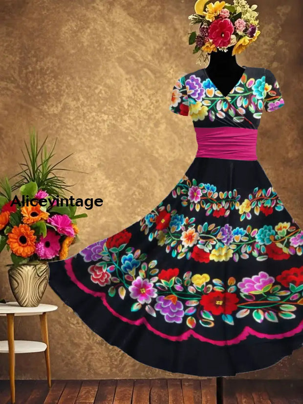 Women’s Mexican Fiesta Cinco De Mayo Floral Art Printed Dress Black / S