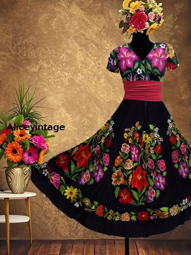 Women’s Mexican Fiesta Cinco De Mayo Floral Art Printed Dress Black / S