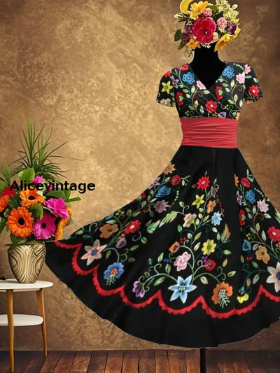 Women’s Mexican Fiesta Cinco De Mayo Floral Art Printed Dress Black / S