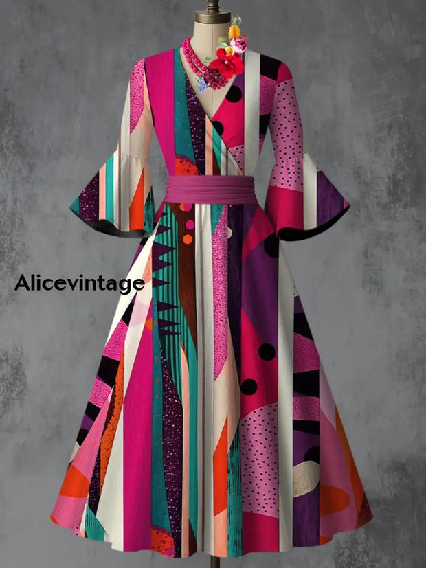 Floral Art Print V-Neck Flare Sleeve Vintage Elegant Dress main image 0