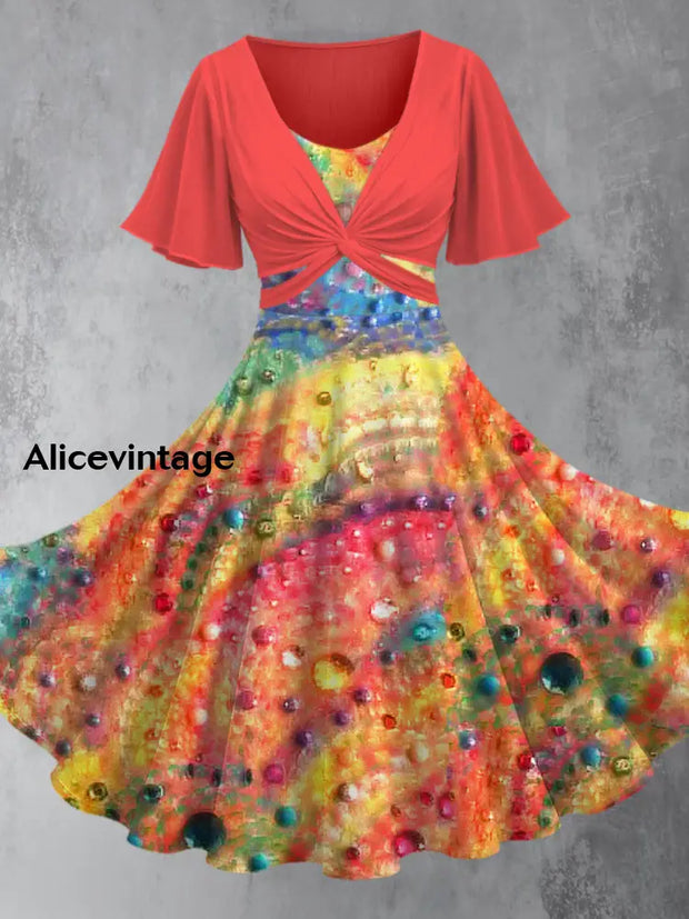 Colored Art Graphics Printed Vintage Cross Fold Short Sleeve Two-Piece Midi Dress A / S