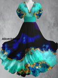 Colored Gilding Art Printed Elegant V-Neck Vintage Short Sleeve Maxi Dress A / S