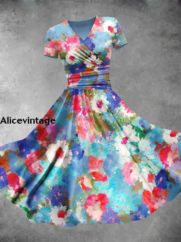 Colorful Art Flower Print V-Neck Short Sleeve Midi Dress A / S