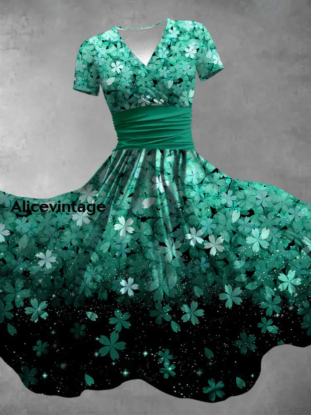 Colorful Aurora Mosaic Art Printed Vintage V-Neck Pleated Waist Short Sleeve Midi Dress A / S