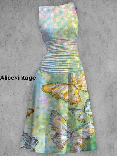 Colorful Butterfly Print V-Neck Sleeveless Retro Midi Dress A / S