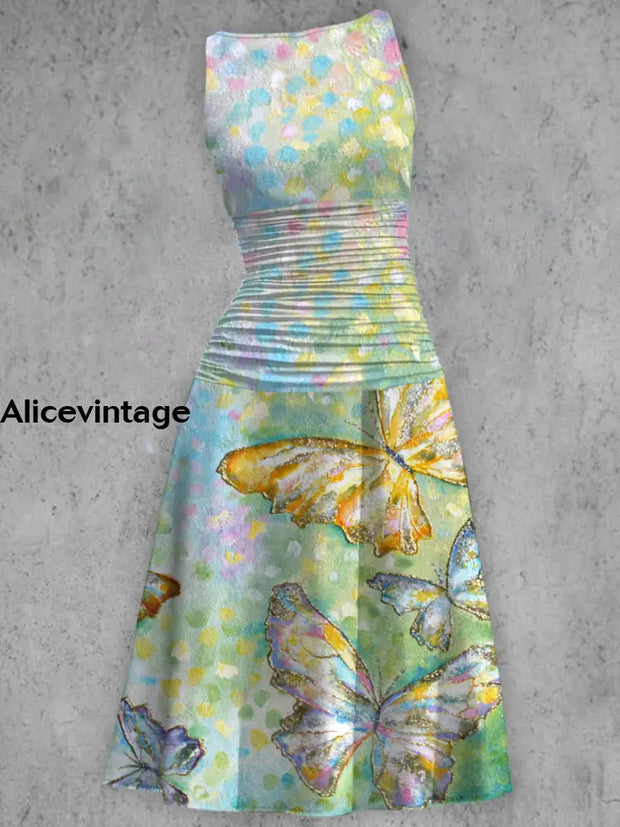 Colorful Butterfly Print V-Neck Sleeveless Retro Midi Dress A / S