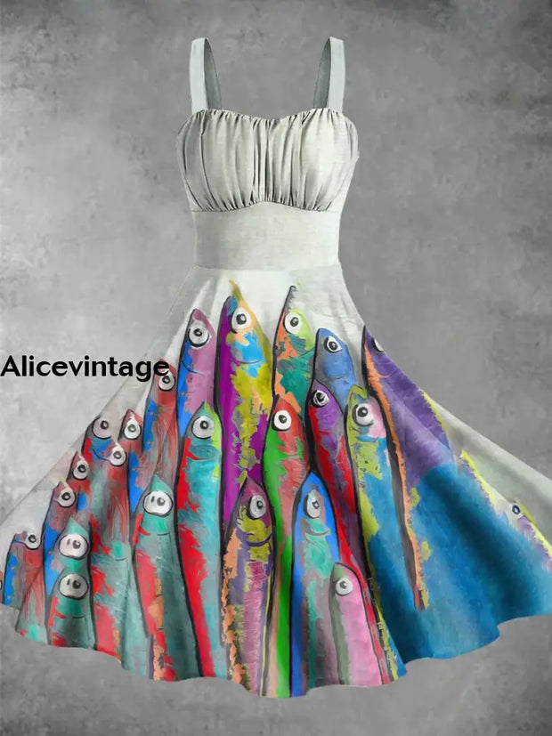 Colorful Fish Art Print Vintage V-Neck Sleeveless Midi Dress Picture Color / Xs