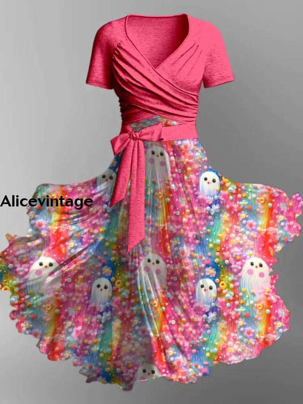 Colorful Ghost Art Print Vintage Short Sleeve Two-Piece Midi Dress A / S